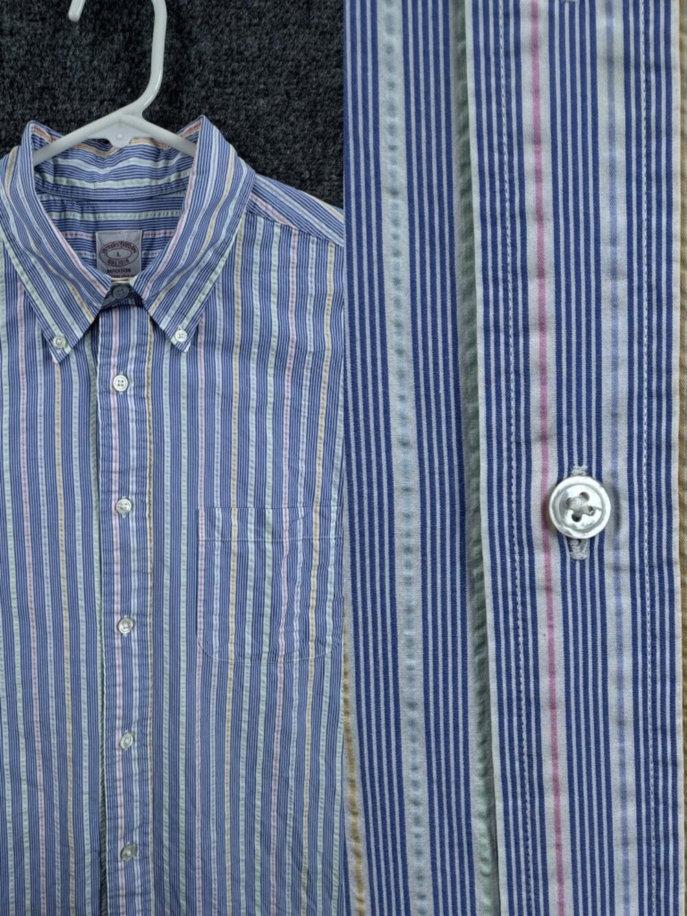 Brooks Brothers Seersucker Large Button-Down Striped Madison Blue Mens White
